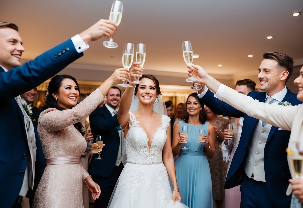 A bride and groom raise their champagne glasses amidst a circle of smiling guests at a UK wedding reception