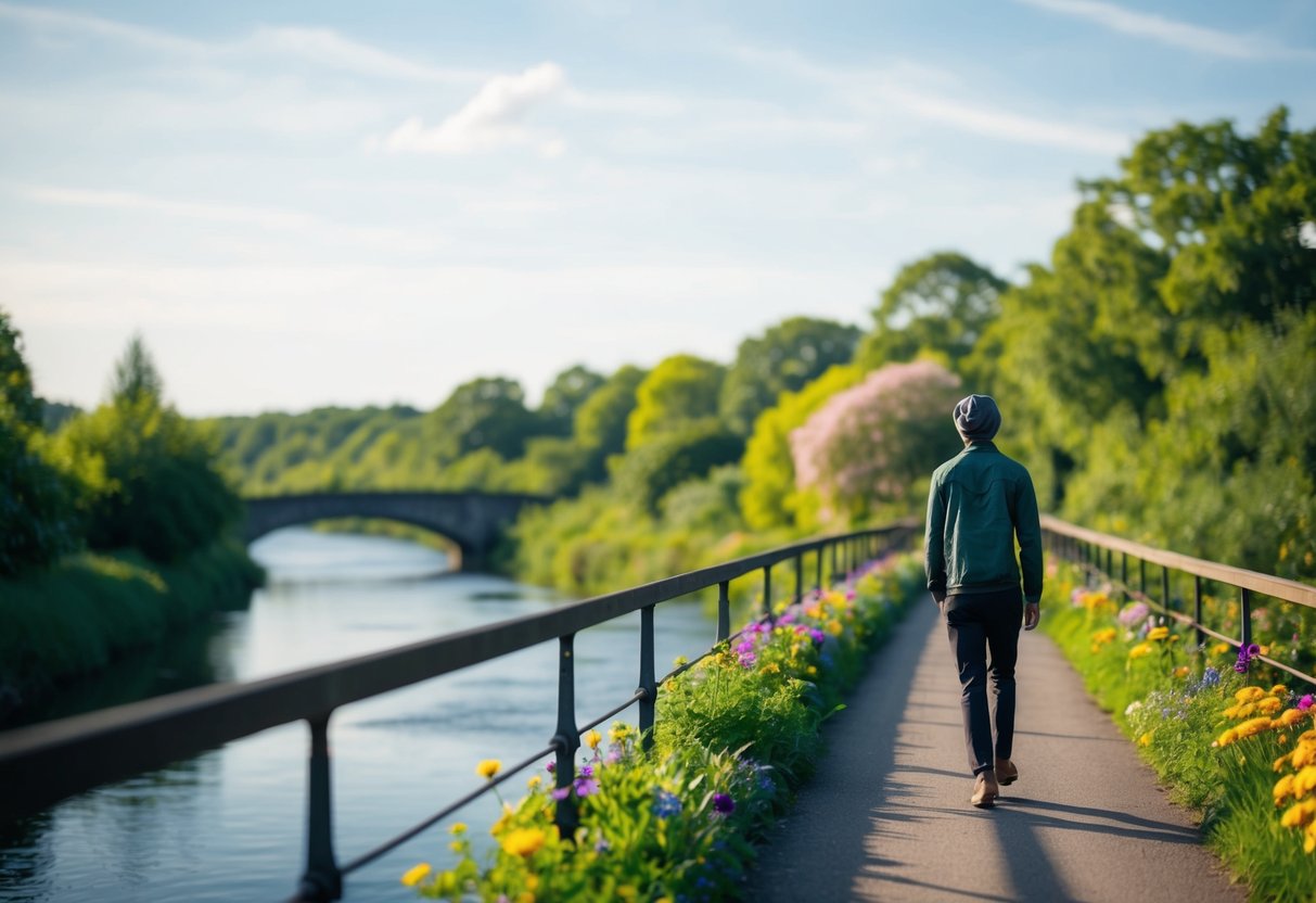A figure strolls along a narrow bridge over a serene river, surrounded by lush greenery and colorful flowers