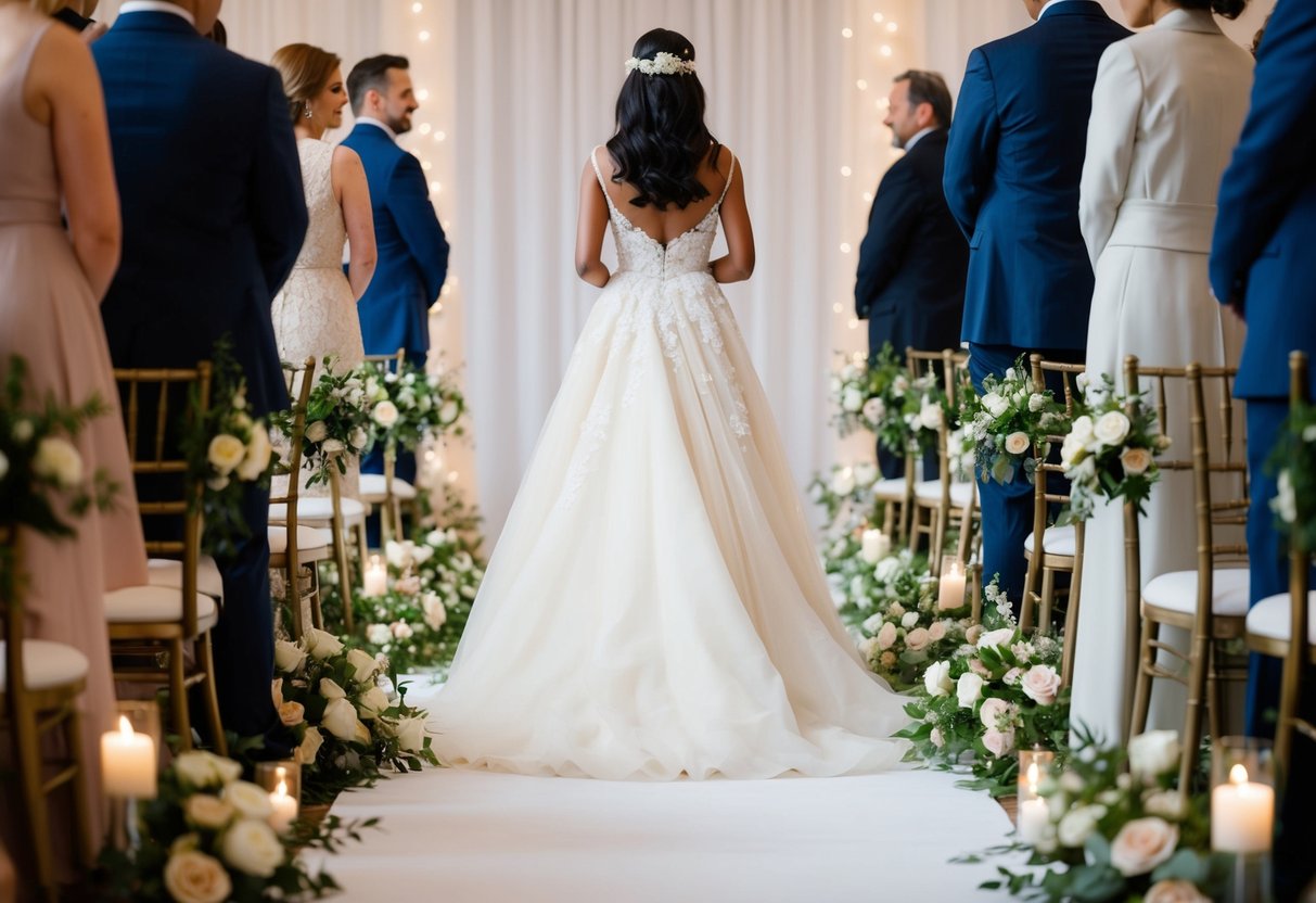 A figure in a flowing gown moves gracefully down the aisle, surrounded by flowers and soft lighting