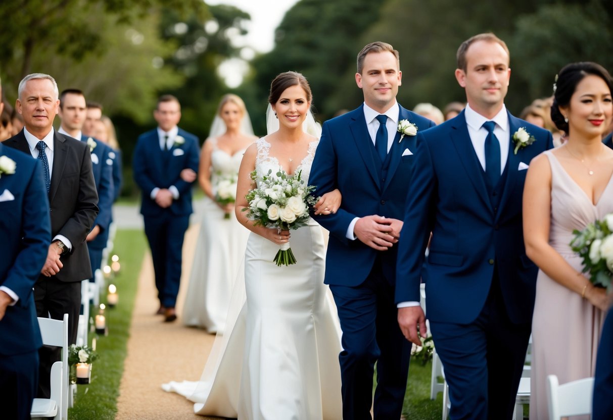 A line of figures in formal attire moves down the aisle, led by the bride's chosen escorts