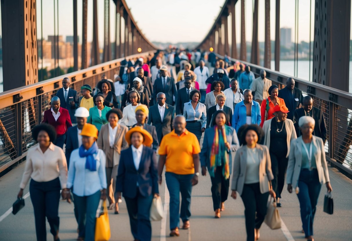 A bustling community of diverse figures crosses a bridge, each engaged in their own activities