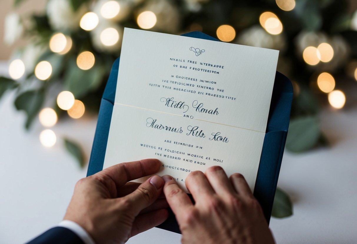 A wedding invitation being addressed with the groom's name listed first