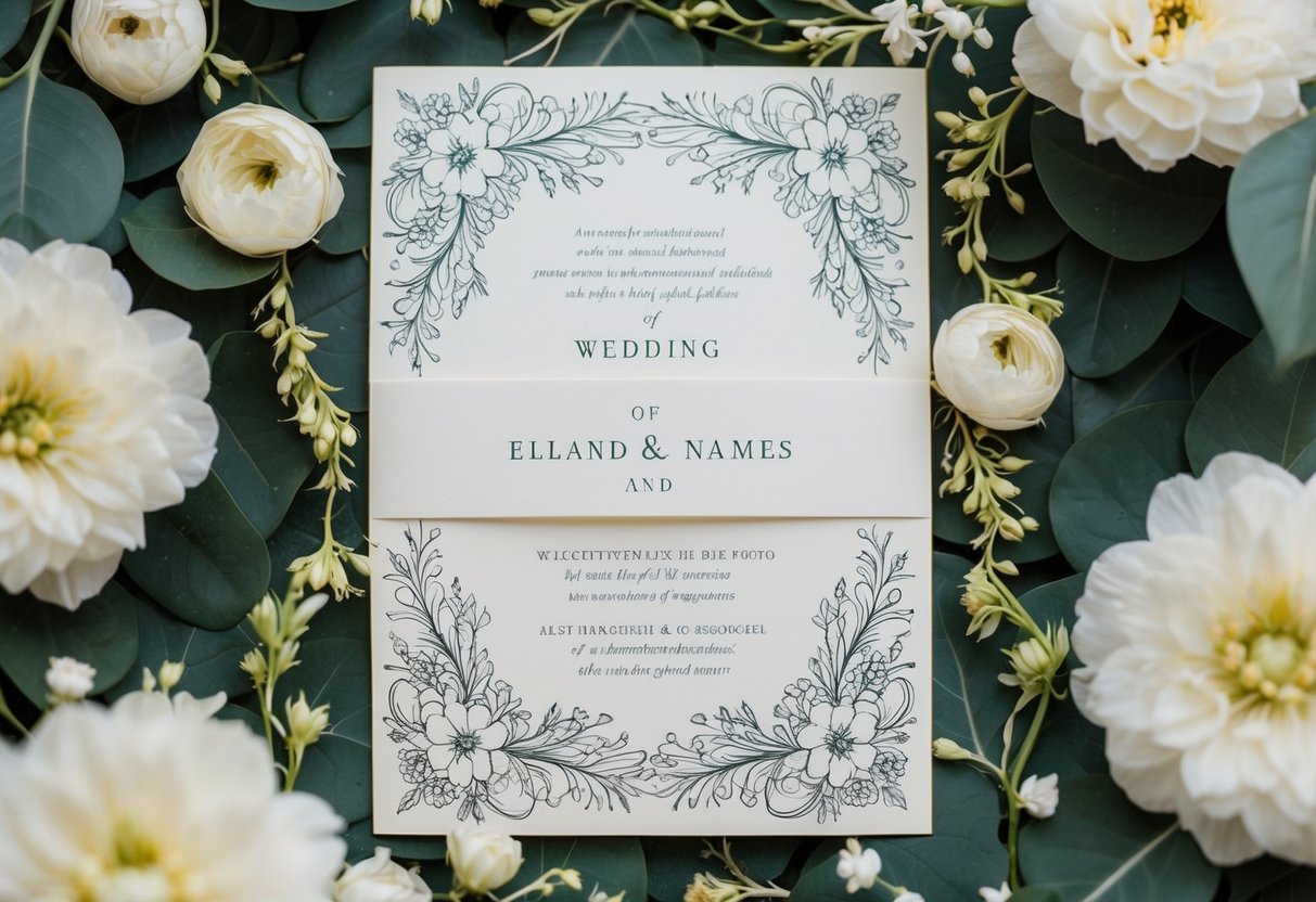 A wedding invitation with two elegant names centered on the card, surrounded by intricate floral designs and delicate calligraphy