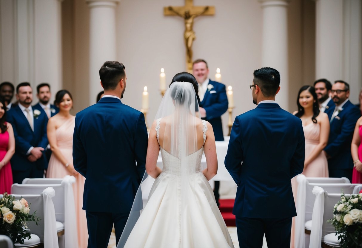 A bride stands on the left side of a groom, facing an altar