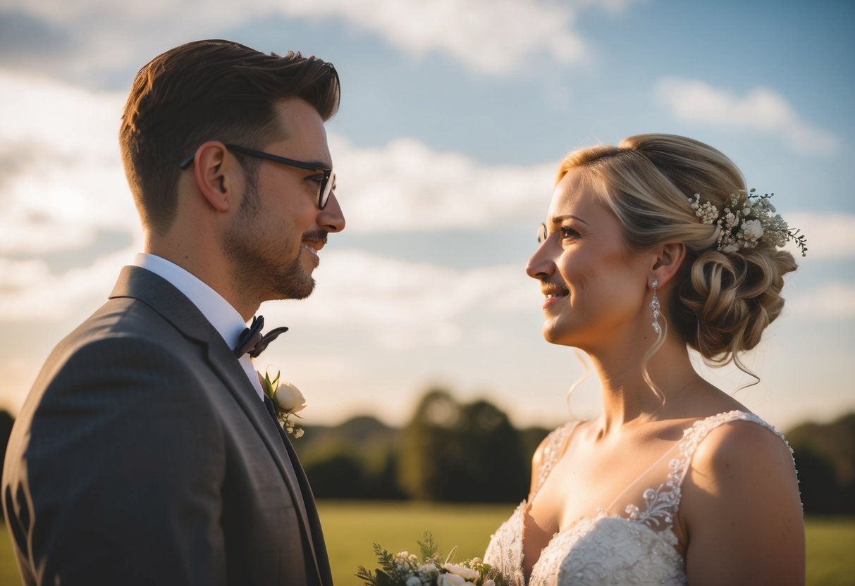 A bride stands on the left, facing her groom, with a modern and artistic interpretation of the tradition