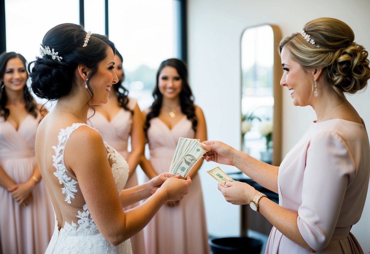 A bride handing money to a hairstylist while bridesmaids watch