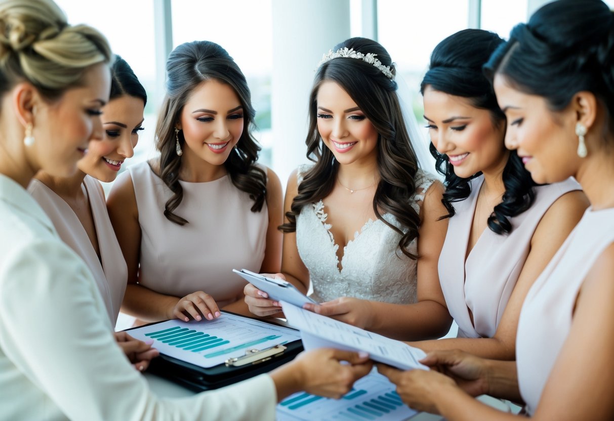 A bride and her bridesmaids discussing hair services while looking at a budgeting spreadsheet