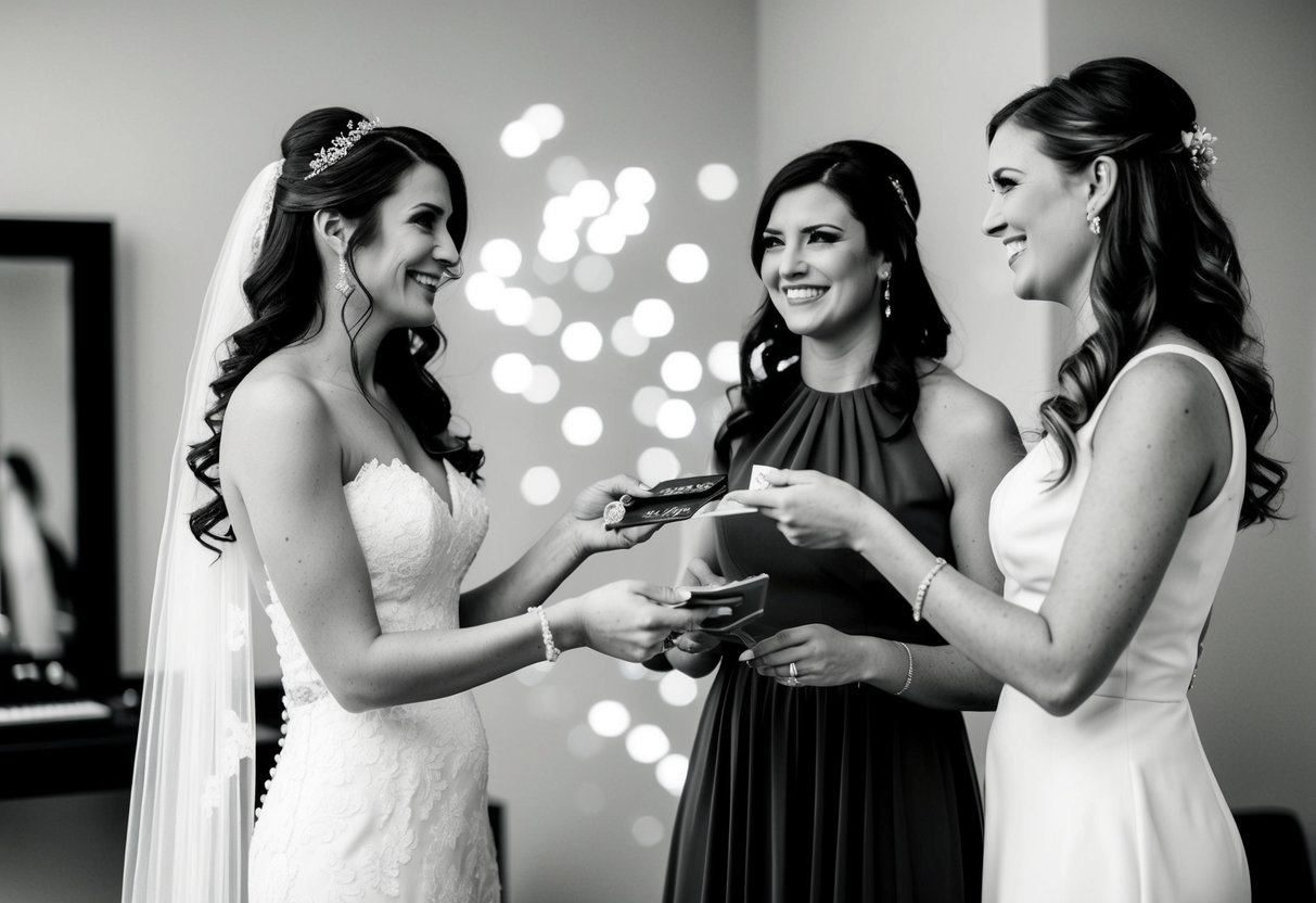 A bride handing a hairstylist payment with a grateful smile, while a bridesmaid stands nearby, reciprocating the gesture with a supportive look