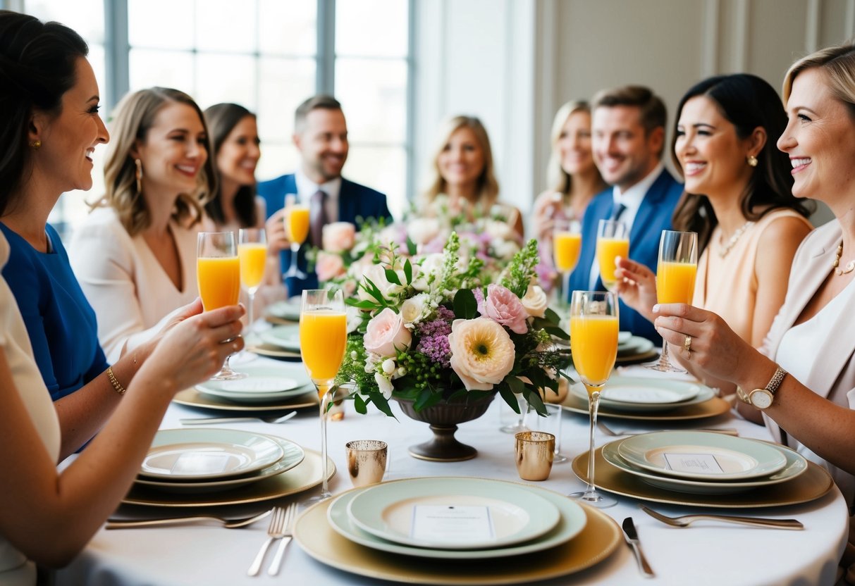 A table set with elegant dishes and floral arrangements, surrounded by happy guests chatting and sipping mimosas