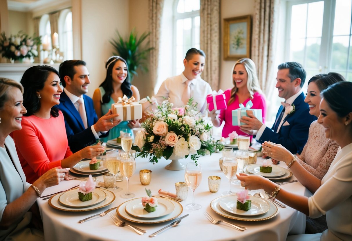 A table set with elegant dishes and floral centerpieces, surrounded by excited guests exchanging gifts at a bridal brunch