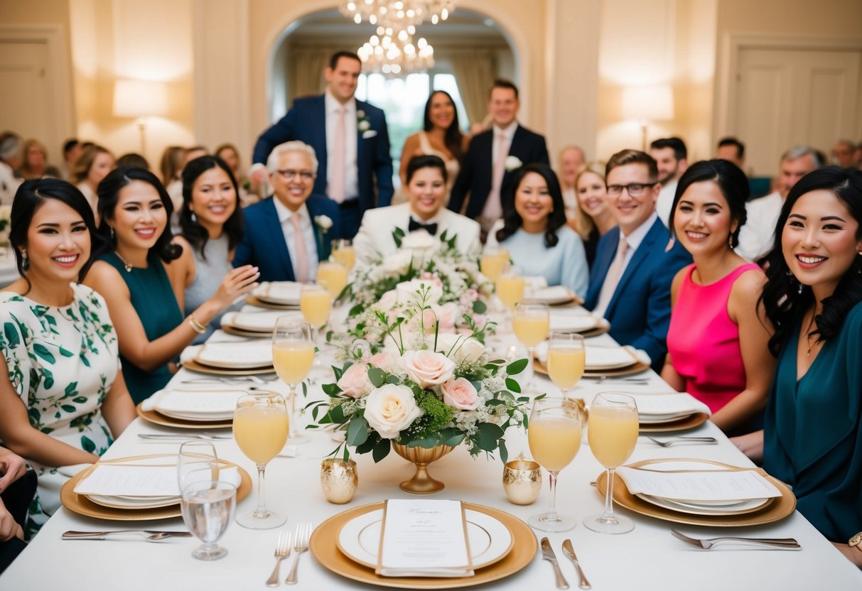 A table set with elegant place settings and floral centerpieces, surrounded by excited guests at a bridal brunch