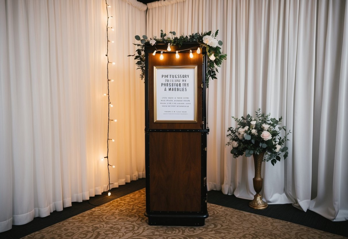 A vintage-style photobooth sits in a corner of a wedding reception, adorned with string lights and a sign inviting guests to capture memories