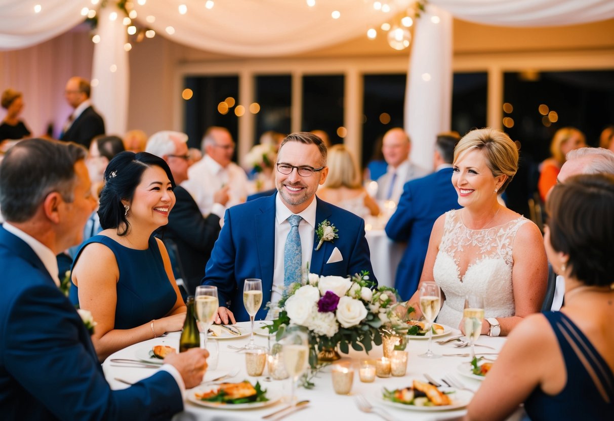 A group of adults socializing at a wedding reception