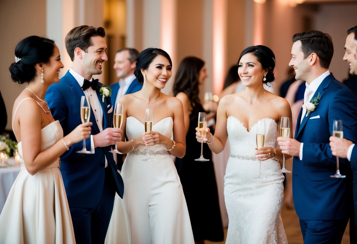 A group of elegantly dressed individuals mingling at a wedding reception, carrying glasses of champagne and engaging in lively conversation