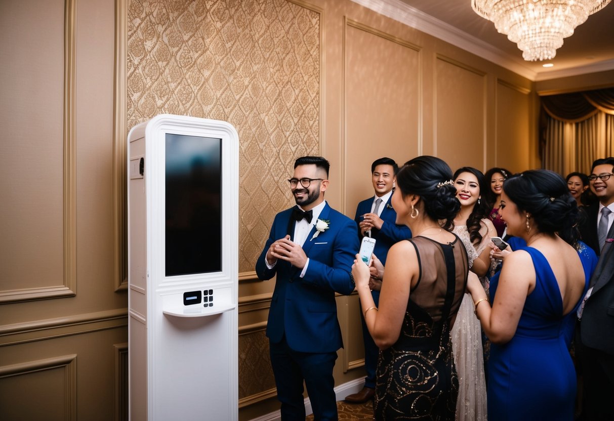 A decorated wedding venue with a stylish, customized photo booth in the corner, attracting guests to take fun and memorable pictures