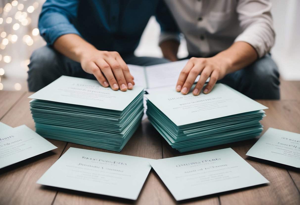 A couple surrounded by a stack of wedding invitations, pondering and discussing whom to invite