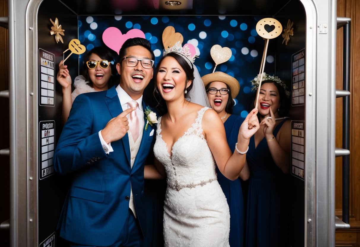A bride and groom stand inside a vintage-style photobooth, surrounded by props and laughing as they pose for silly pictures