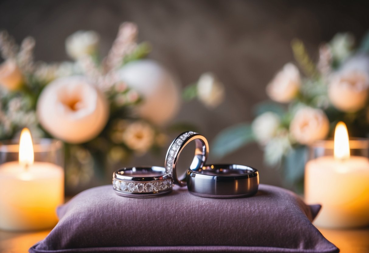 Two wedding rings resting on a velvet pillow, set against a backdrop of soft candlelight and delicate floral arrangements