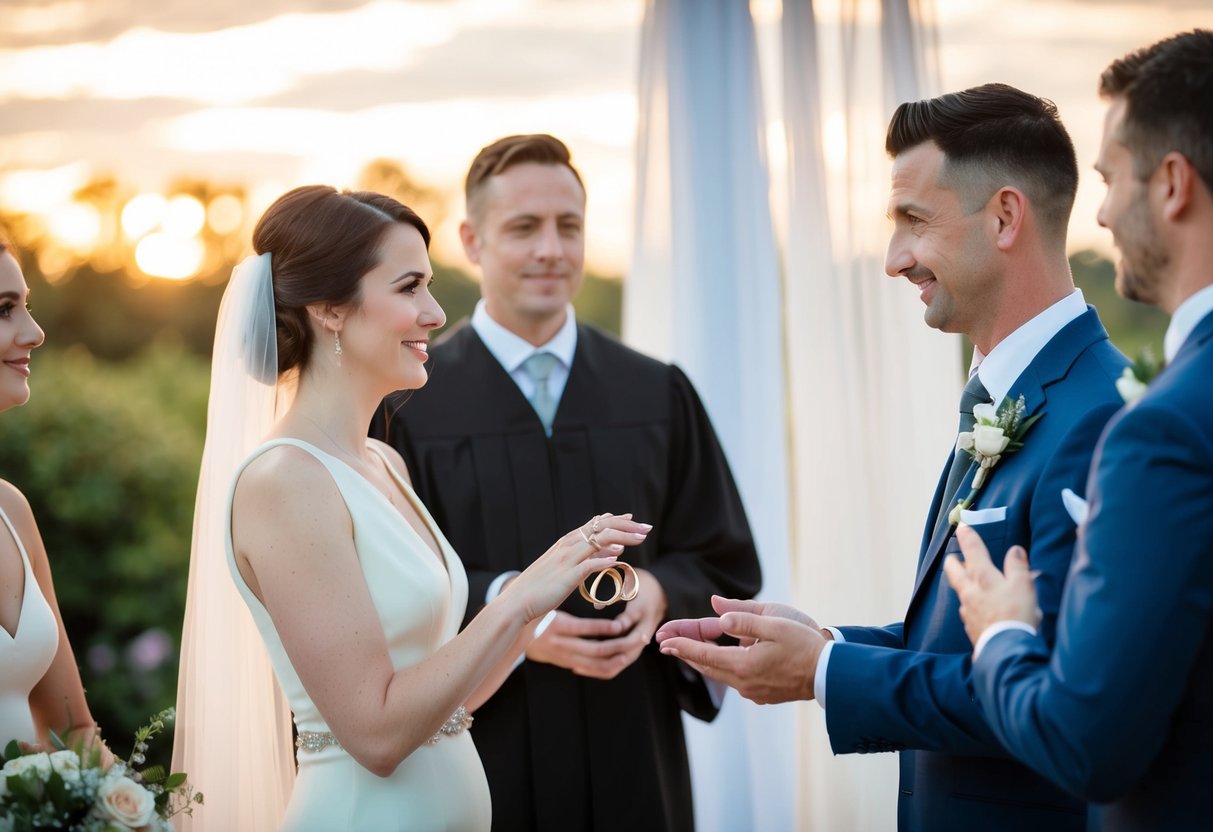 An officiant holds wedding rings in one hand, while the couple stands facing each other. The officiant gestures towards the rings, prompting a question about when they should be exchanged