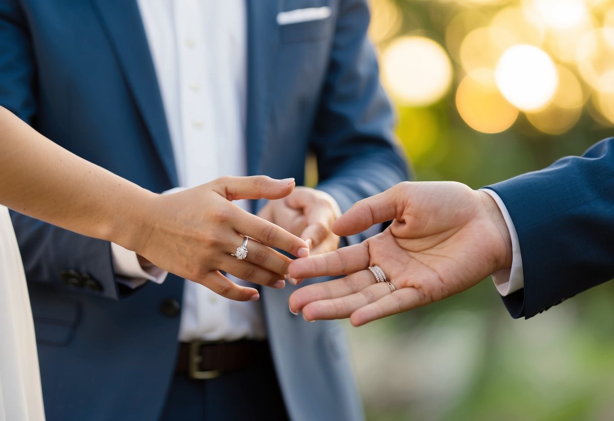 Two hands exchanging rings, one hand holding a ring while the other hand reaches out to accept it