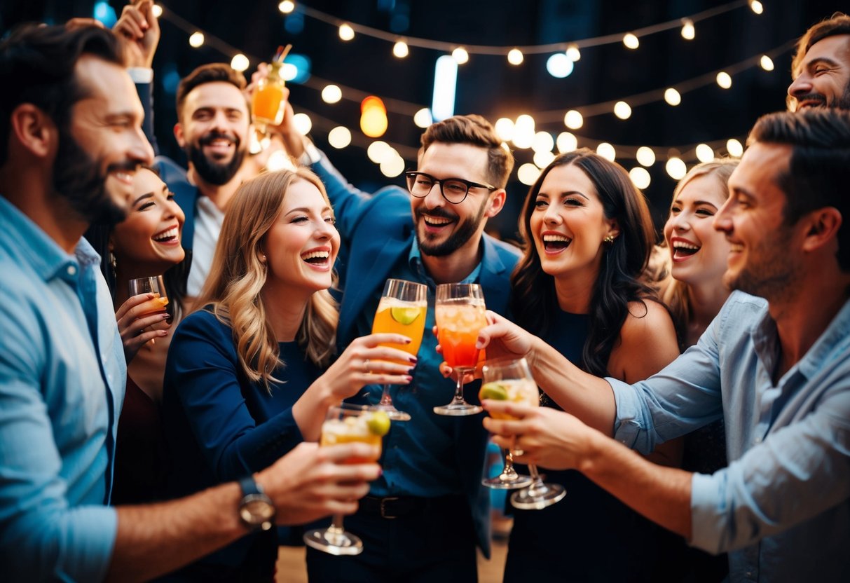 A group of people celebrating, with drinks, music, and laughter