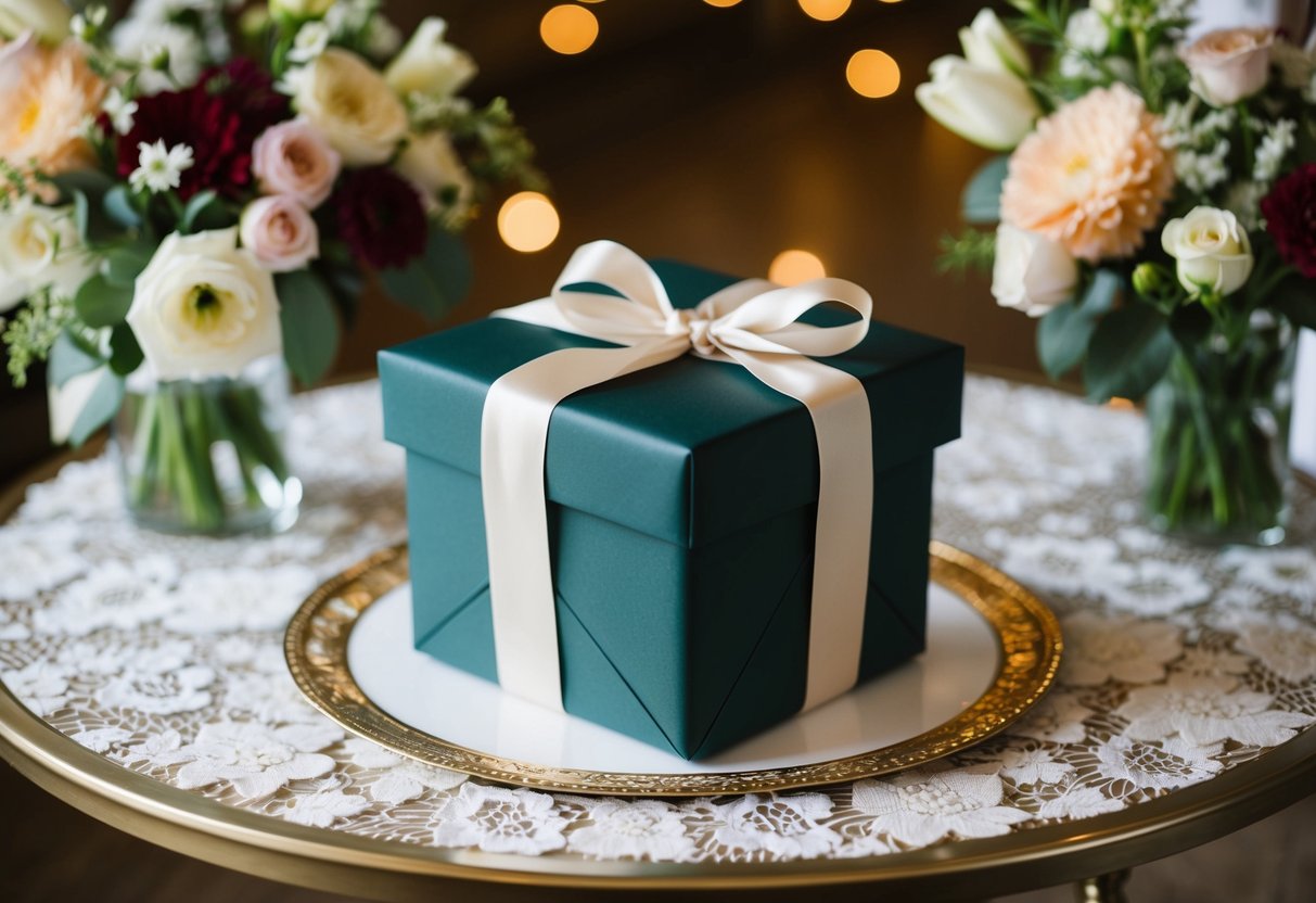 A wrapped gift box on a decorative table, surrounded by flowers and wedding decor