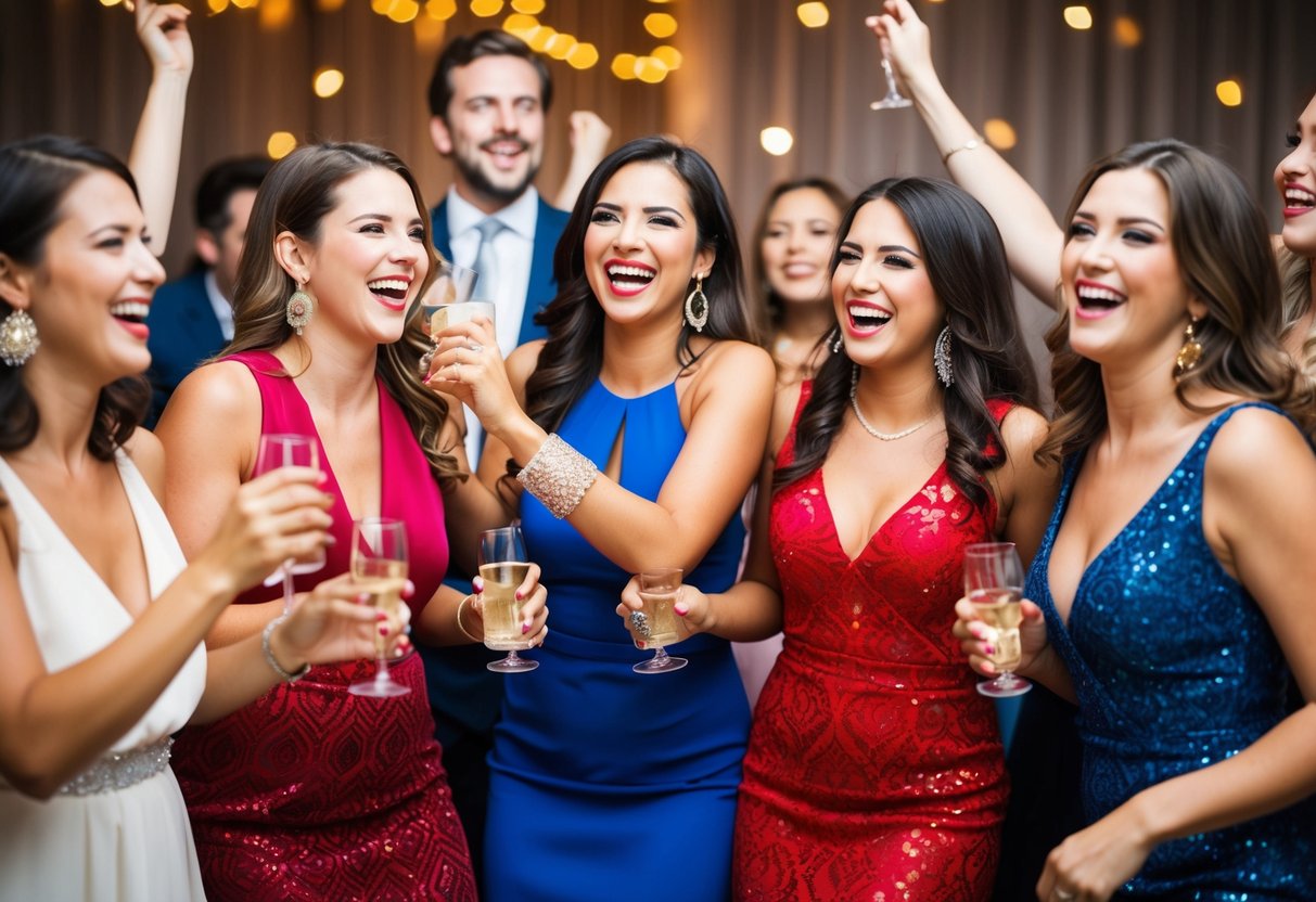 A group of women dressed in festive attire, laughing and dancing at a bachelor party