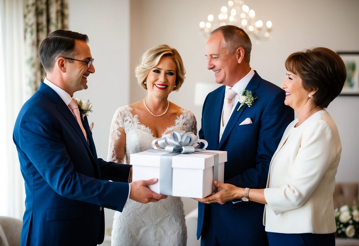 The parents of the groom present a thoughtful gift to the newlyweds, symbolizing their love and support