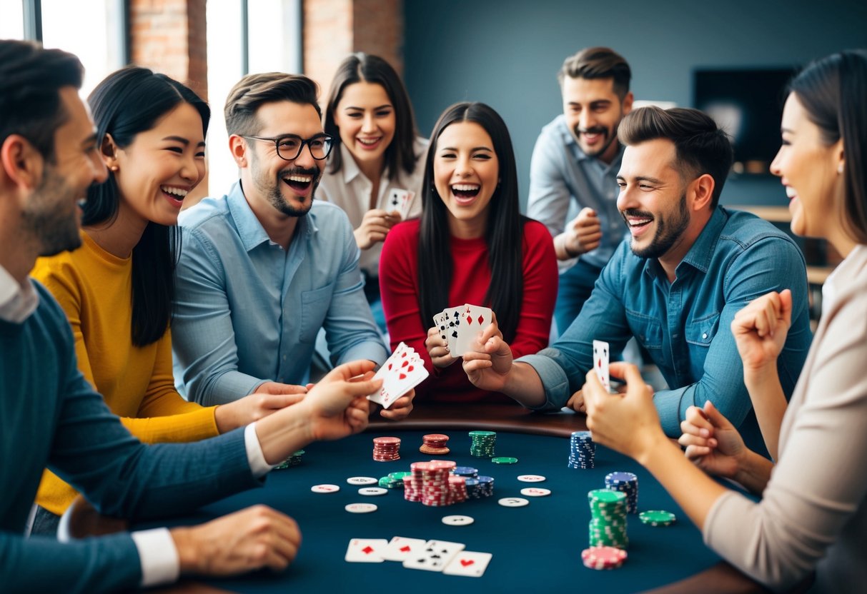 A group of people gathered around a table with cards and chips, laughing and cheering as they play games