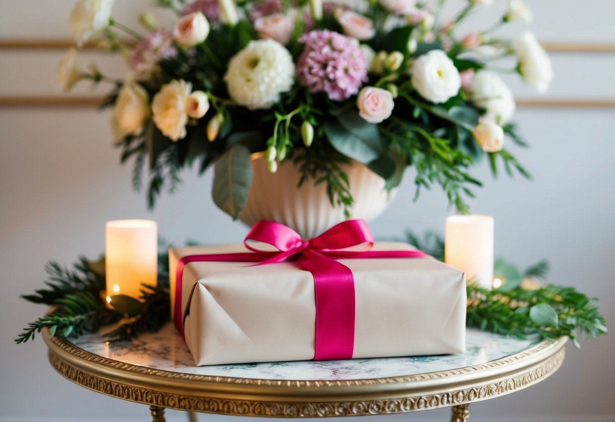 A beautifully wrapped gift sitting on a decorative table, surrounded by elegant floral arrangements and soft lighting