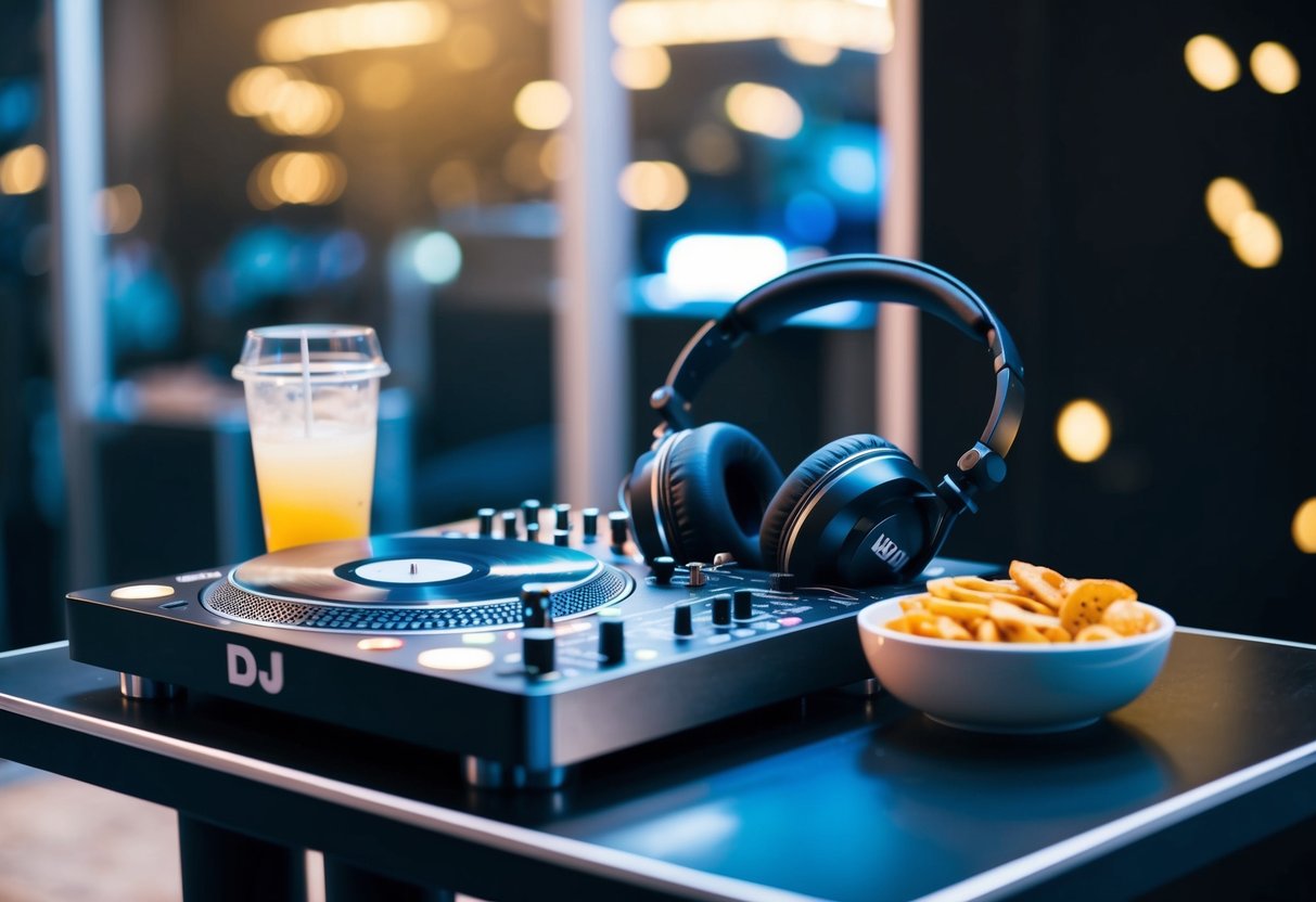 A DJ booth with a turntable, mixer, and headphones. A small table nearby holds a plate of snacks and a drink
