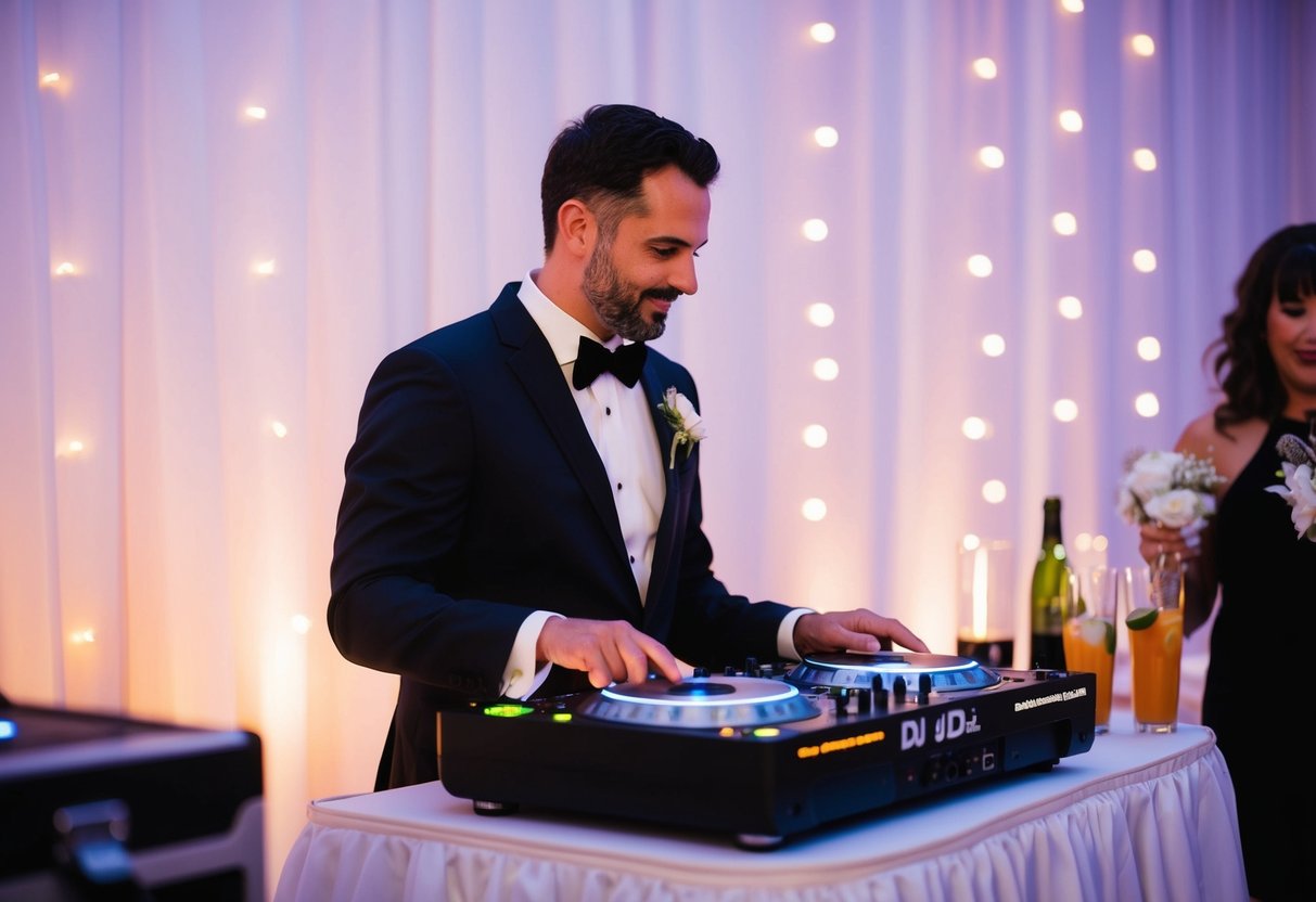 A wedding DJ behind a booth with a table of food and drinks nearby