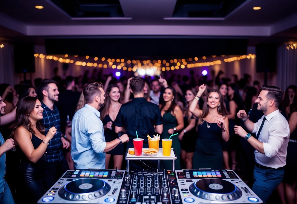 A DJ booth with a small table holding snacks and drinks, surrounded by a crowd of people dancing and enjoying the music