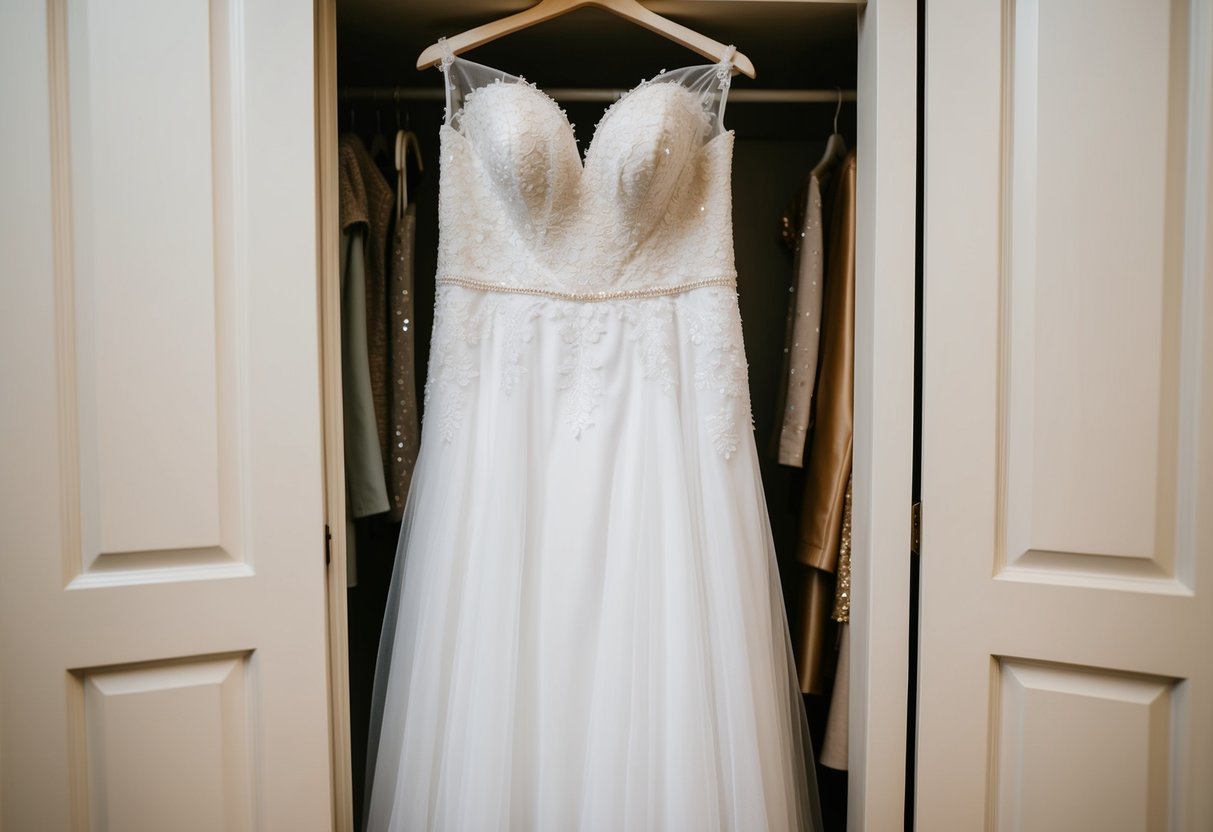 A wedding dress hidden in a closet, partially revealed with delicate lace and shimmering fabric