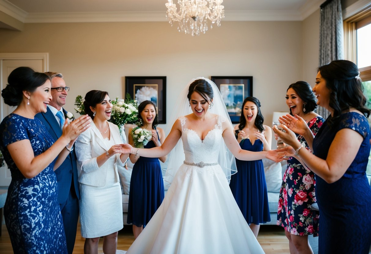 A bride unveils her wedding dress to her amazed family and friends
