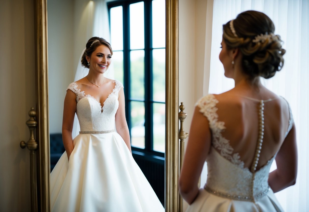 A bride standing in front of a full-length mirror, admiring her wedding dress with a smile on her face