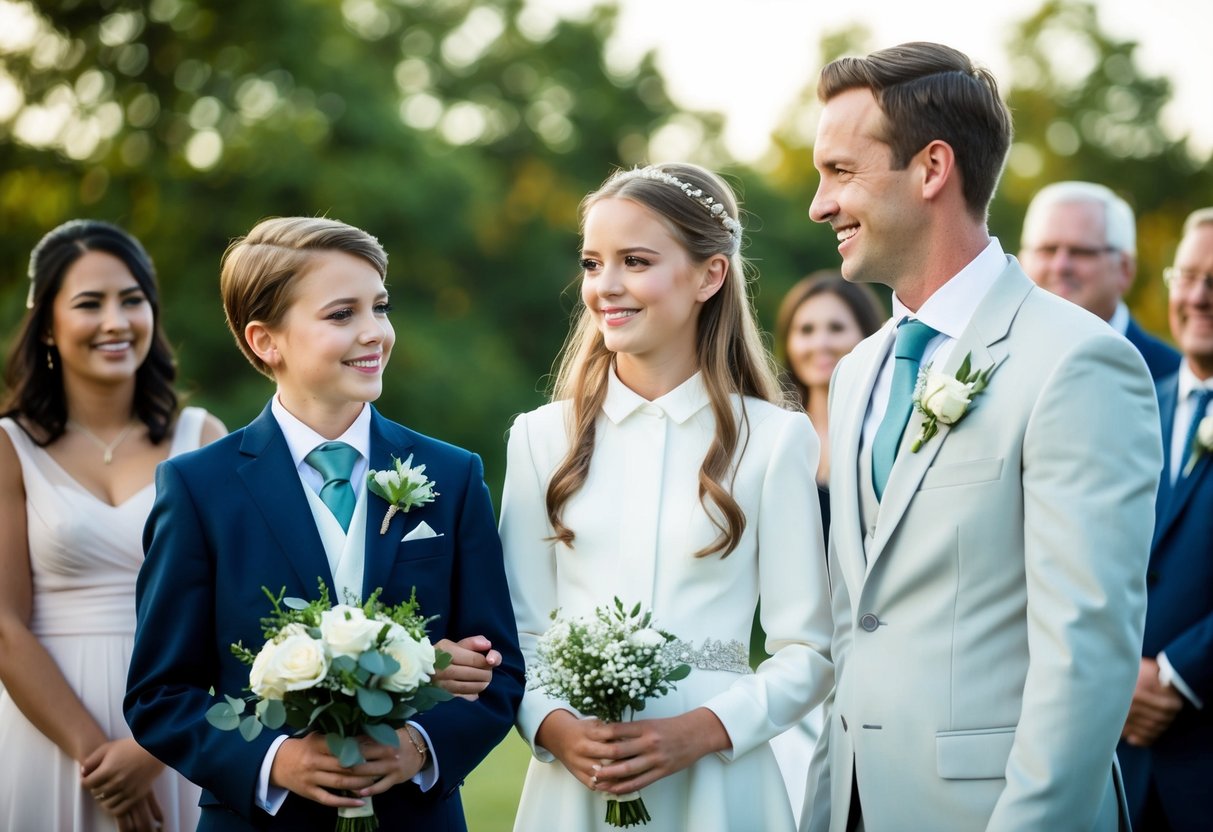 A girl in formal attire stands next to a groom, holding a bouquet. The groom smiles at her, while other wedding guests look on happily