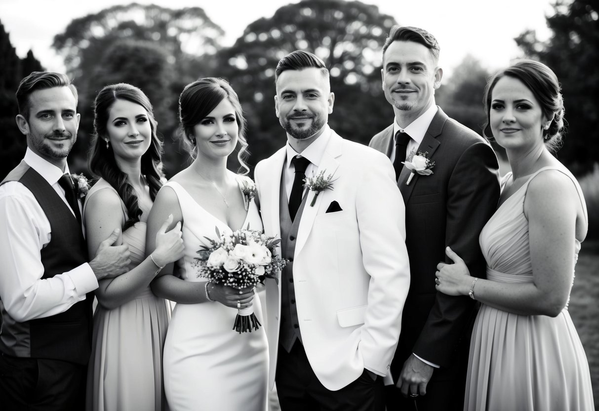 A group of wedding party members standing together, with one person positioned slightly apart, looking confident and supportive