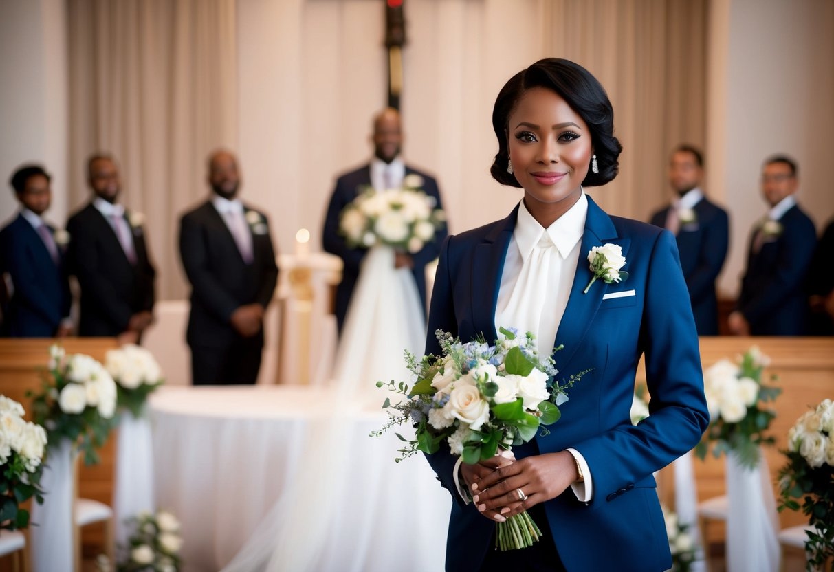 A woman in a sharp suit stands confidently with a bouquet at a wedding altar