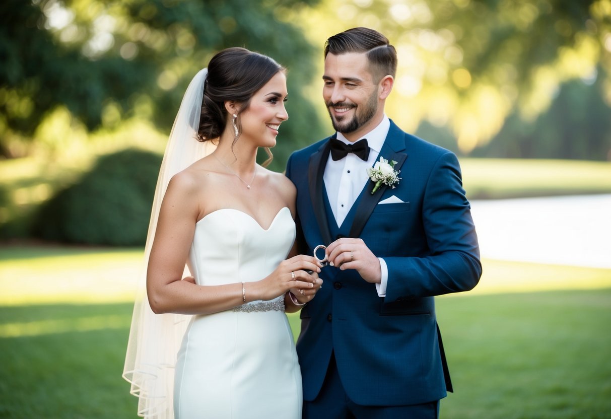 A best woman stands beside the groom, holding the wedding rings