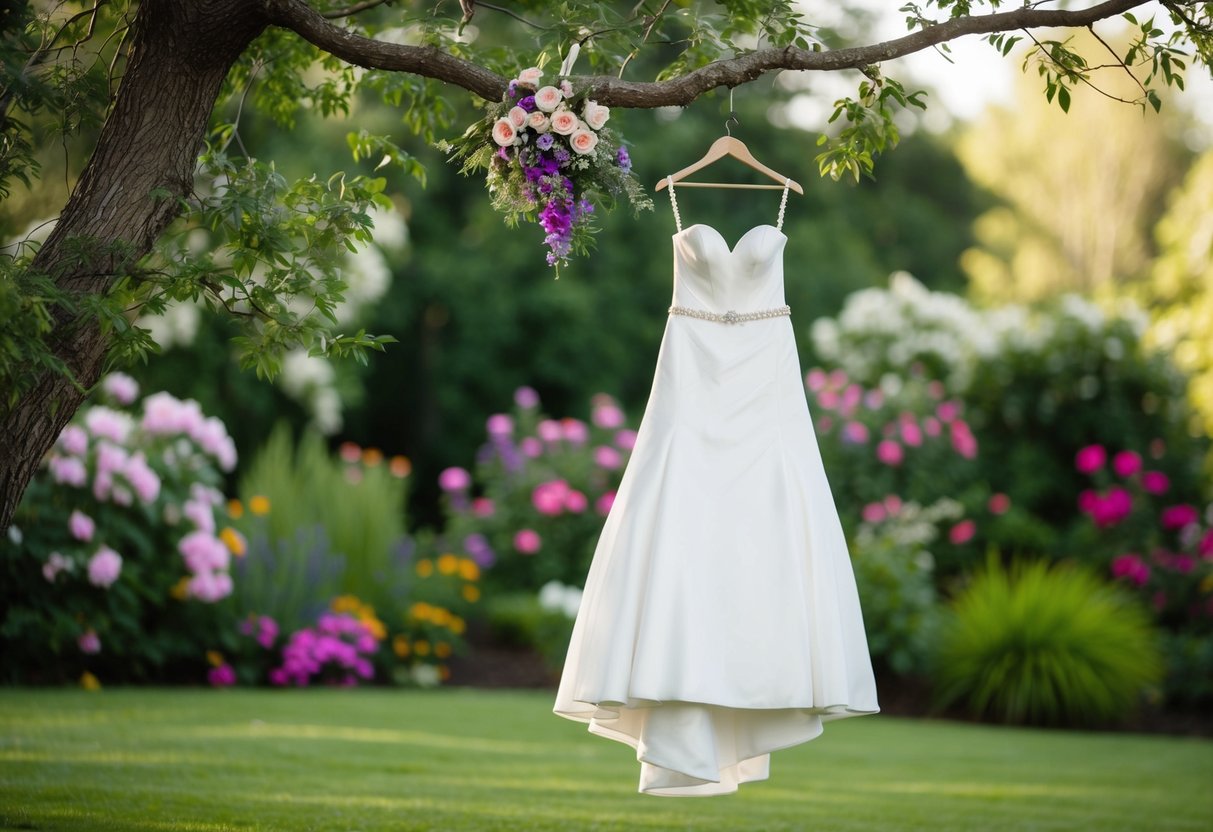 A white wedding dress hanging from a tree branch, surrounded by colorful flowers and greenery