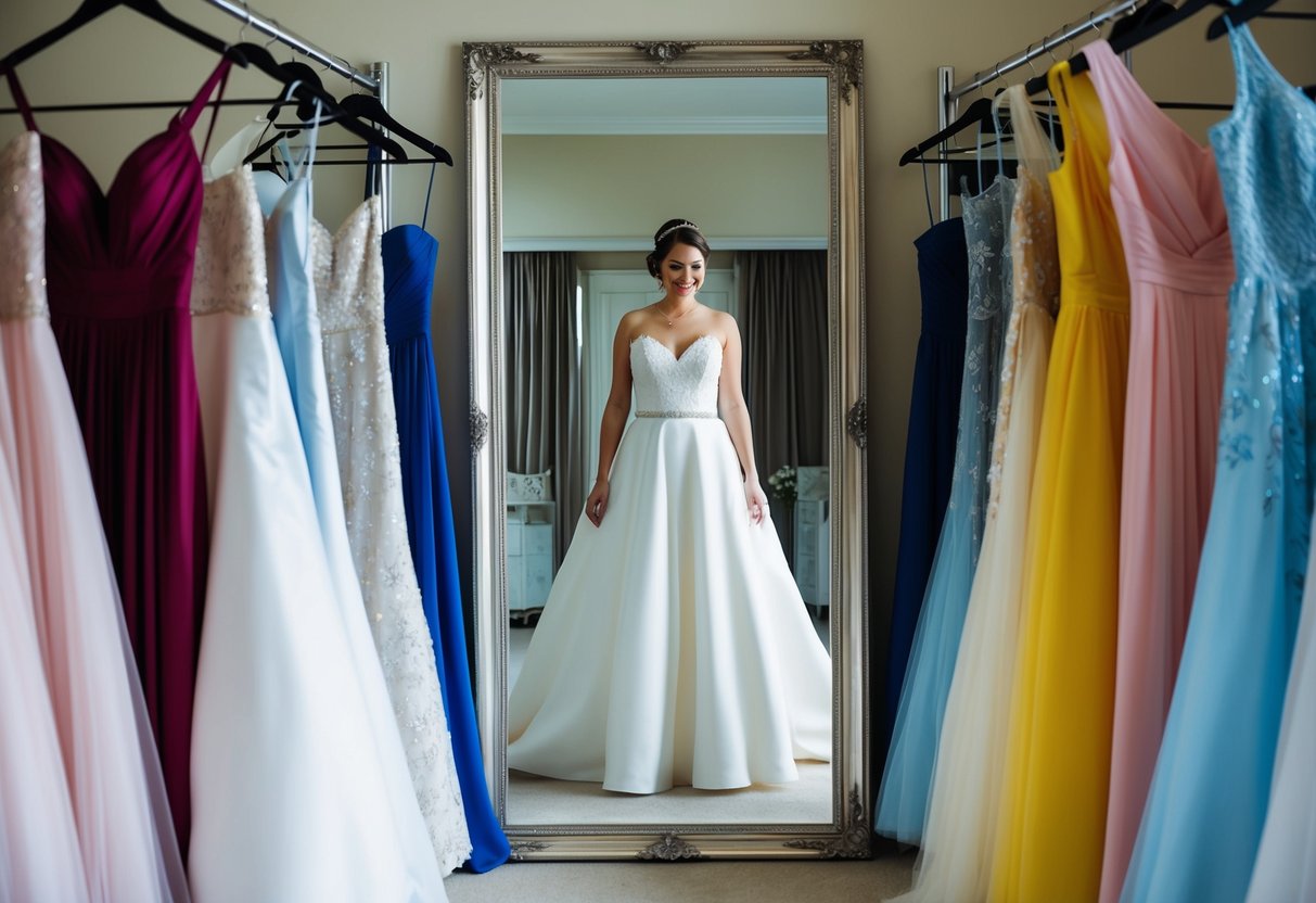 A bride stands in front of a mirror, trying on a white wedding dress, surrounded by a selection of gowns in various colors