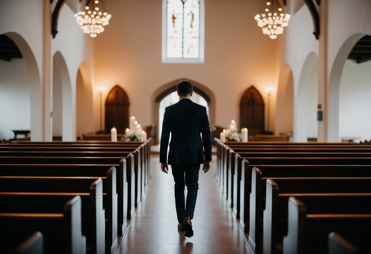 A lone figure moves down the aisle, surrounded by empty pews and soft candlelight
