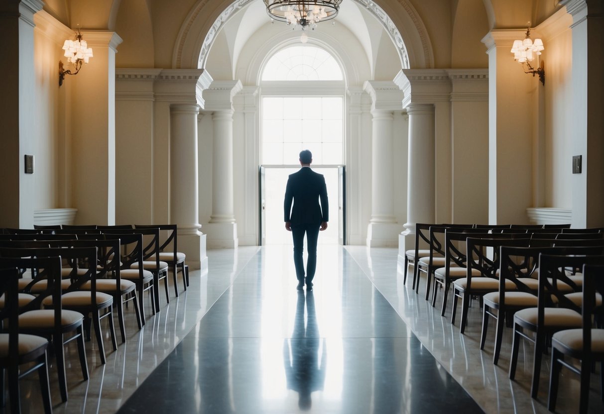 A lone figure stands at the entrance of a grand, empty aisle, bathed in soft light, with a sense of determination and anticipation in the air