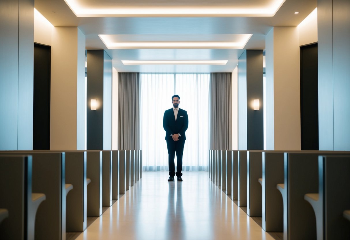 A lone figure stands at the beginning of a modern, minimalist aisle, flanked by sleek, contemporary decor and soft, ambient lighting
