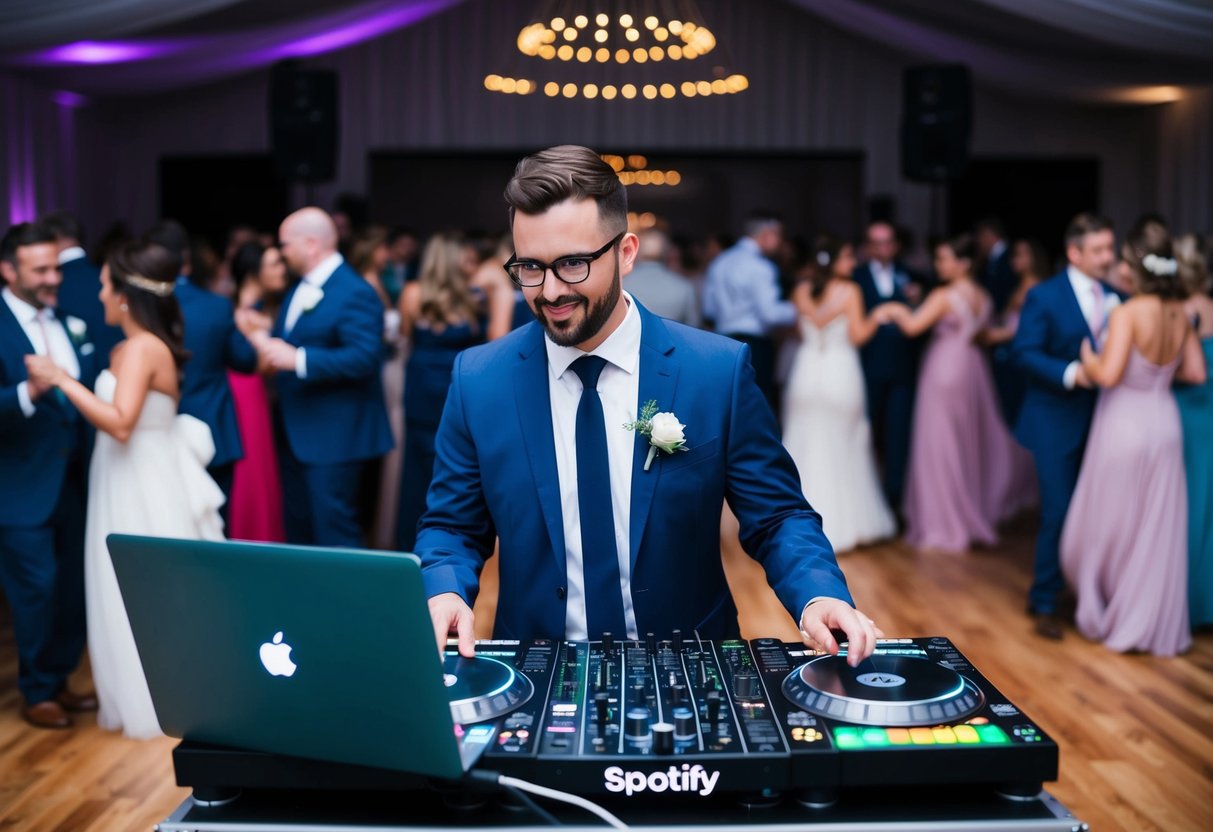 A DJ stands behind a deck, with a laptop open to a Spotify playlist. The dance floor is filled with wedding guests