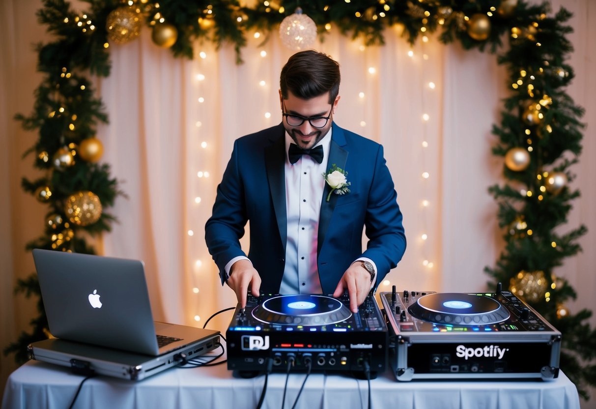 A wedding DJ setting up equipment with a laptop connected to a Spotify playlist, surrounded by festive decorations and lights