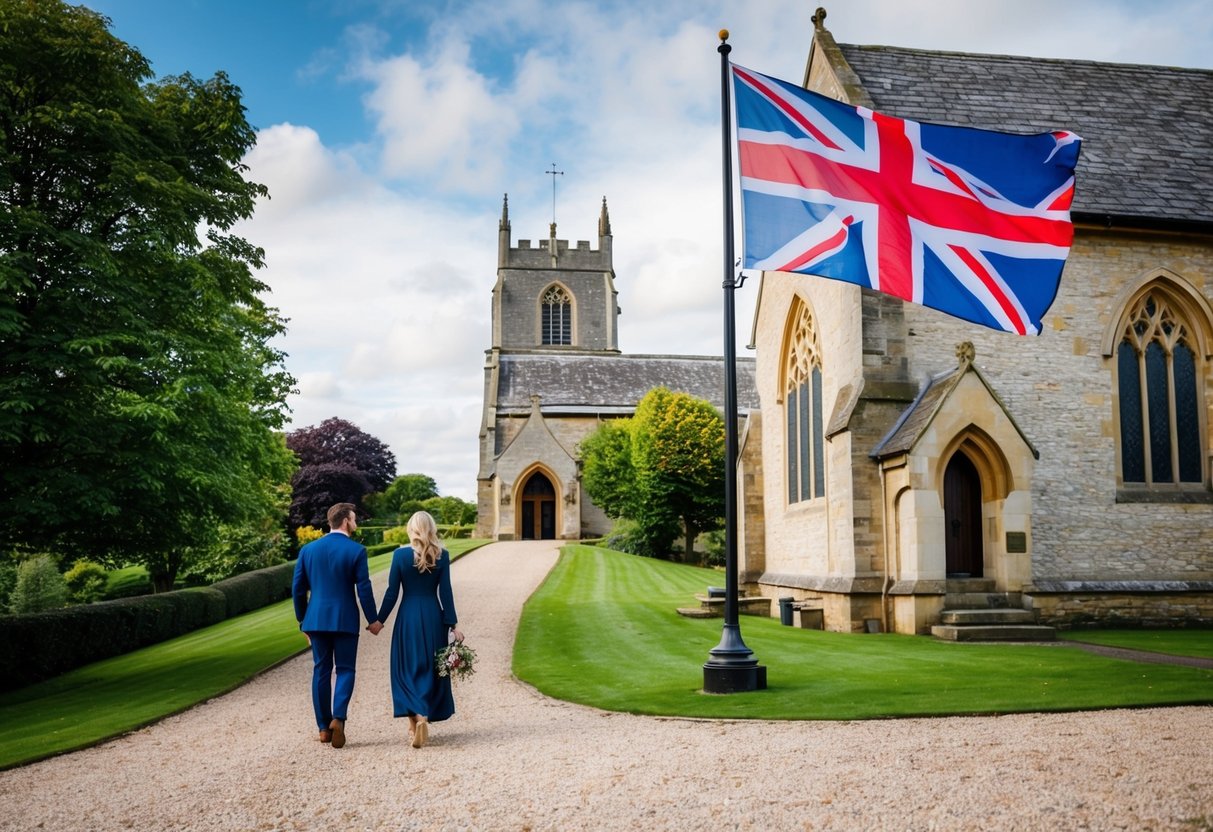A British flag flying over a stone church, with a couple walking hand in hand towards the entrance
