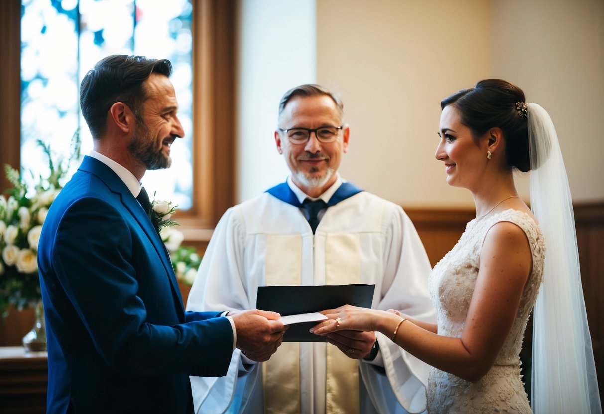 A humanist celebrant officiates a legal marriage ceremony with a couple standing before them