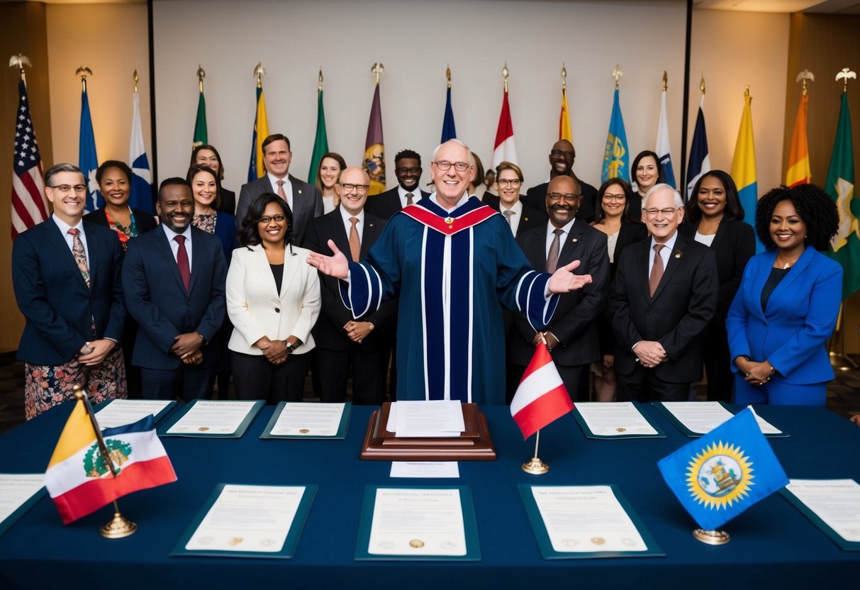 A humanist celebrant stands before a diverse crowd, each person representing a different region. Legal documents and regional flags are displayed prominently